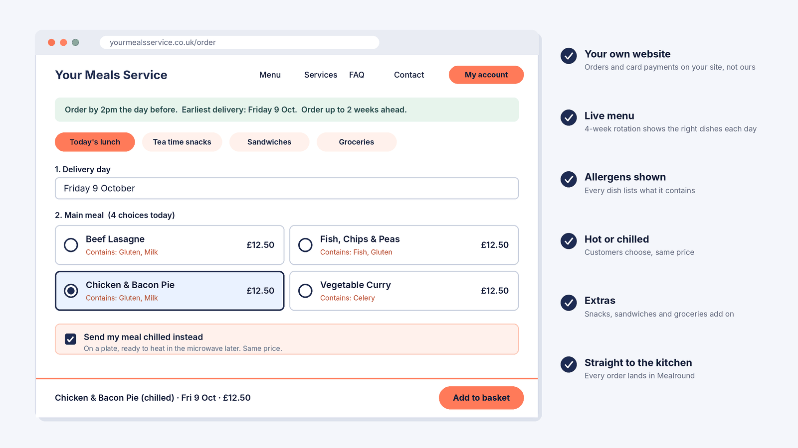 An online order page on a meals service’s own website, showing the daily menu with allergens, a hot or chilled option and a basket